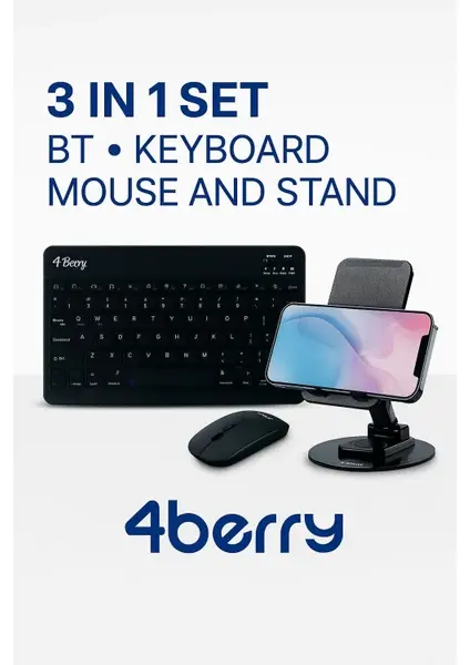 4Berry 3'ü 1 Arada Bluetooth Klavye, Mouse ve Telefon Standı Seti
