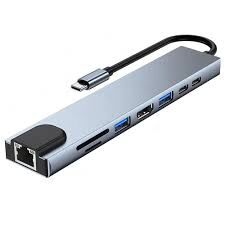 Shaza SF6001/Gr 8 in1 Usb Type-C Hub Port Hdmi Usb Ethernet Pd Girişli Adaptör Mavi